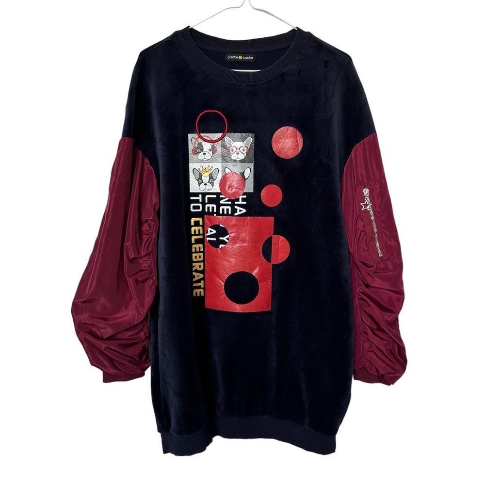 Cache Cache Mixed Media Velour Bulldog Long Sleeve Sweater